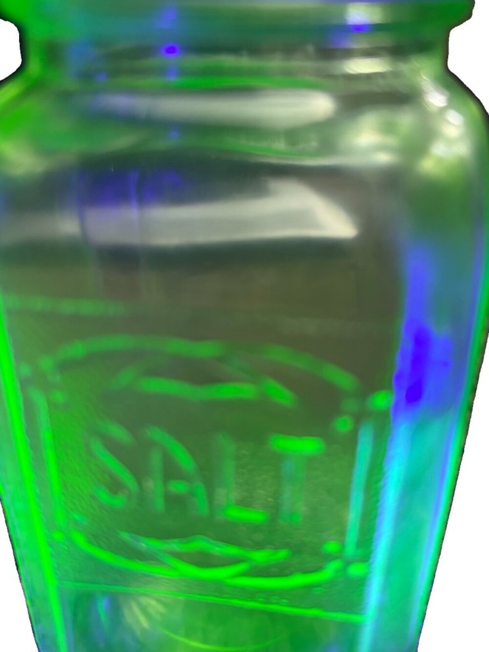Vtg Uranium Vaseline Glass “Salt” Range Shaker W/original aluminum Lid UV Rx